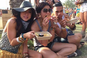 people eating shrimp, katsu and local burgers